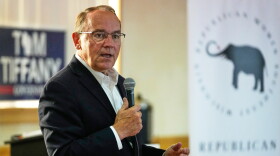 FILE - Republican gubernatorial candidate Tom Tiffany talks to supporters during a campaign event, July 29, 2026, in Kenosha, WI.