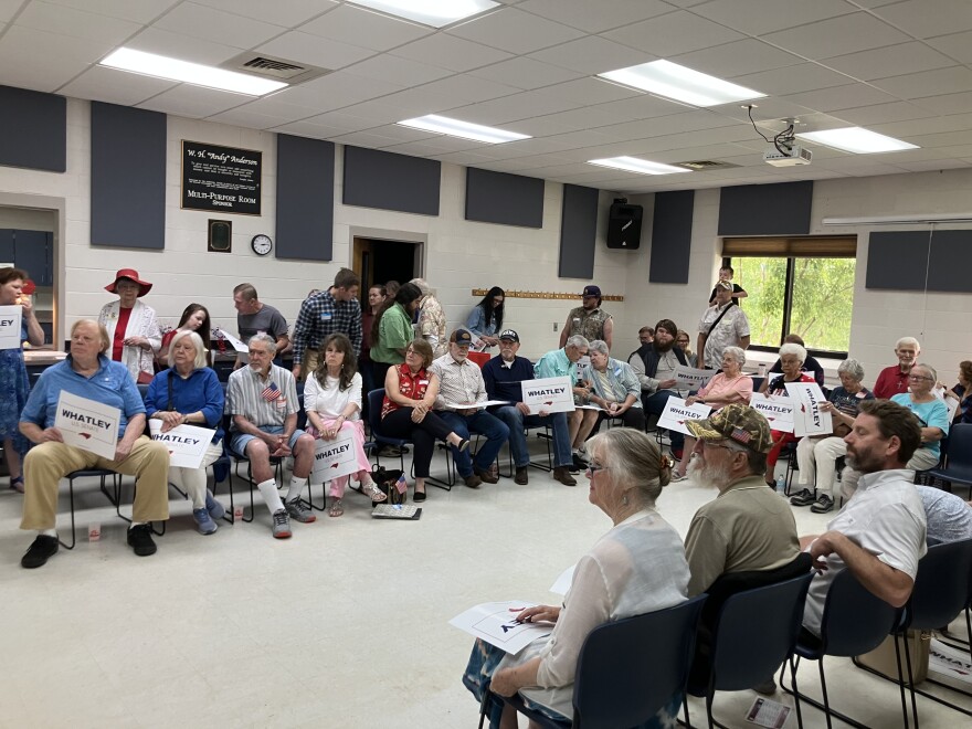 Audience members listen as Republican Senate nominee Michael Whatley speaks at the Waynesville Recreation Center on Saturday, July 18, 2026.