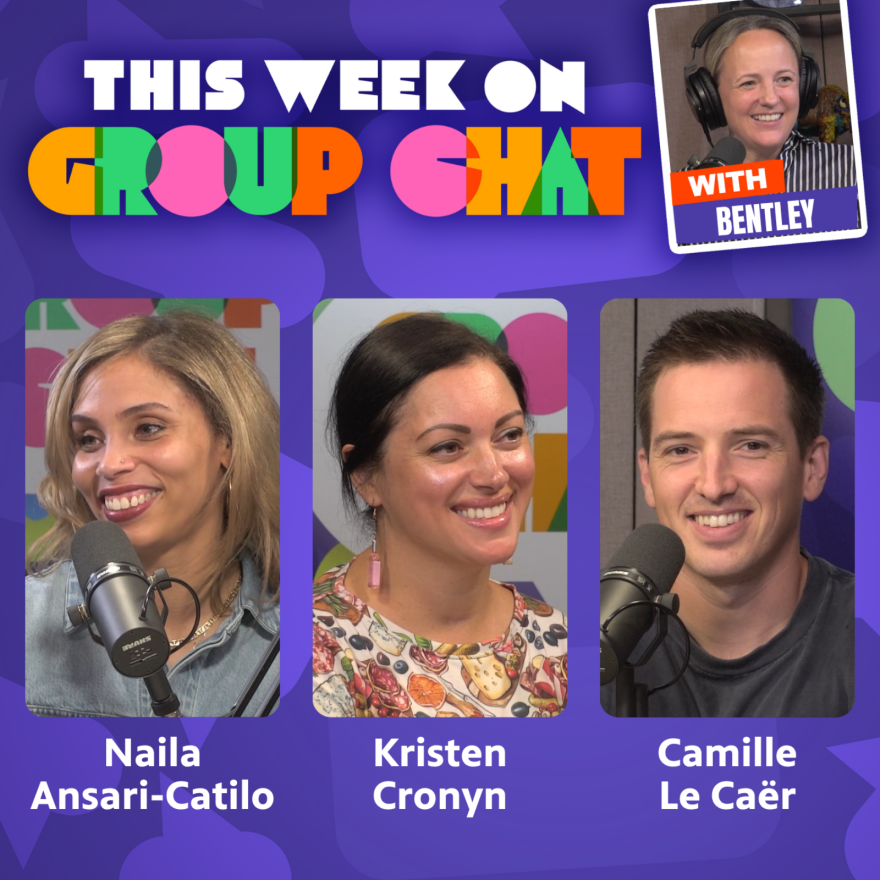 at the top: THIS WEEK ON GROUP CHAT with a photo of Bentley. At the bottom: photos of guests from this episode and their names below that in white text