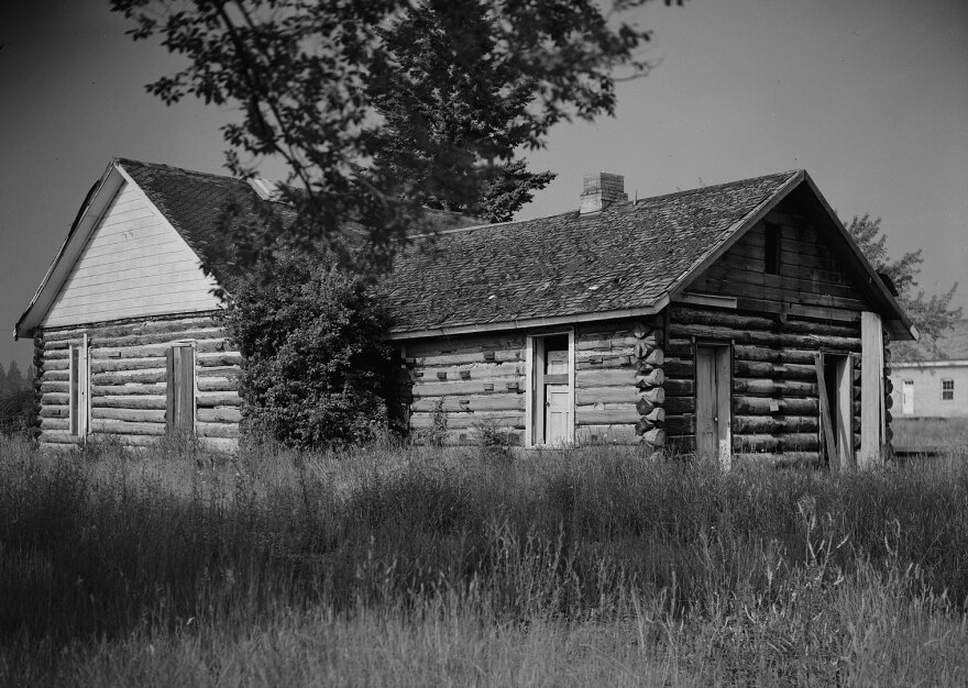 Northeastern side of a barracks for non-commissioned officers at Fort Missoula. Built in 1887, the fort complex is listed as the "Fort Missoula Historic District" on the National Register of Historic Places.