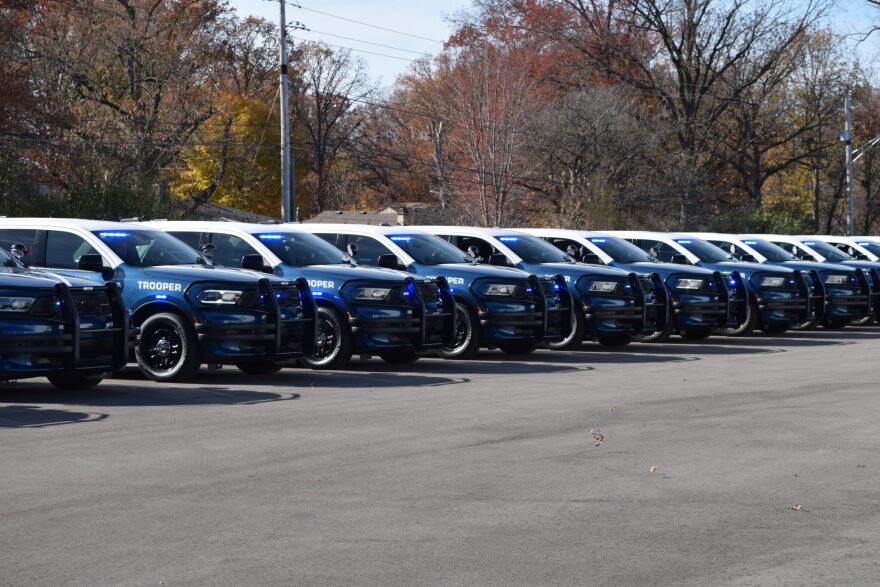 New two-tone blue-and-white Indiana State Police patrol vehicles sit ready for deployment on Wednesday, Nov. 12, 2025, in Indianapolis.