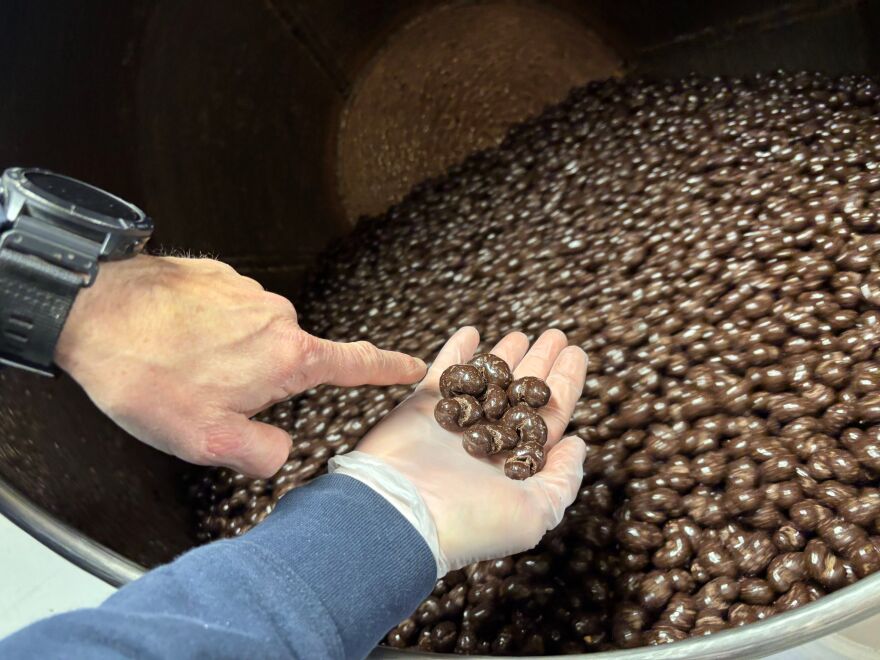 Andy Wilbur holding a handful of chocolate cashews as they roll in a metal drum.