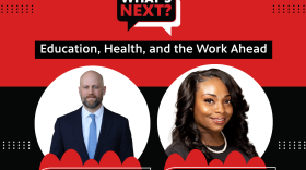 Red background with a thick black stripe in the middle. In the top corner is "EPISODE 321" in white text. then, centered from top to bottom, is: What's Next? logo, "Education, Health, and the Work Ahead", then photos of Ben Hilligas and Syntyia Taylor with their names underneath.