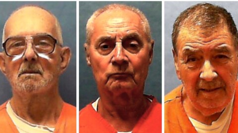series of 3 head shots of older white men wearing orange tops 