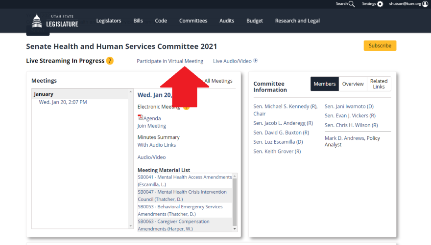 A photo of  where to find the link to join a committee meeting Zoom call. 
