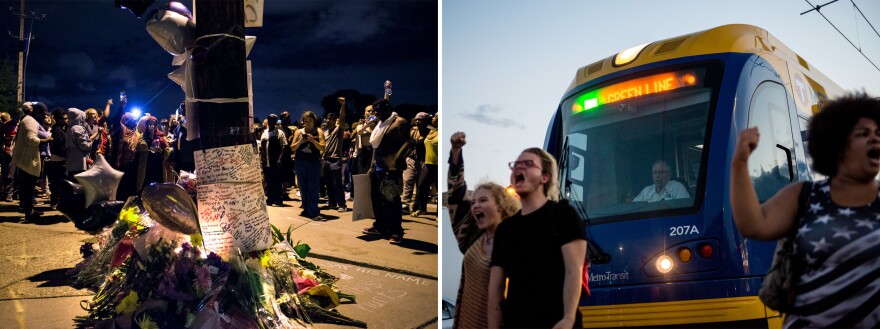 (Left) A memorial at the intersection where Philando Castile was shot on Thursday in Falcon Heights, Minn. (Right) Activists and community members protest the killing of Philando Castile on Thursday in St. Paul, Minn.