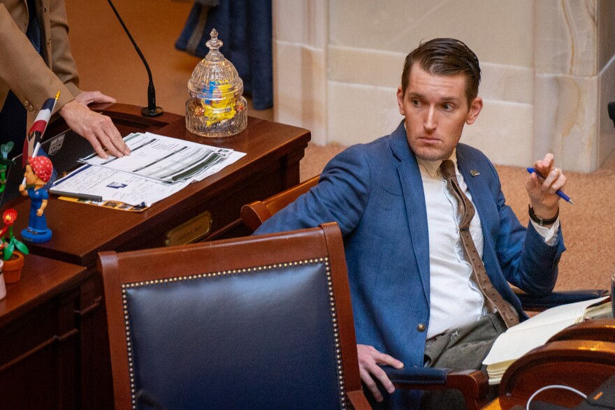 Democratic state Sen. Nate Blouin on the floor of the Senate at the Utah State Capitol in Salt Lake City, Feb. 6, 2025.