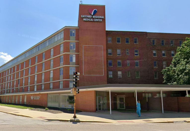 A streetview screen capture shows the brick exterior of the multi-story Gateway Regional Medical Center.