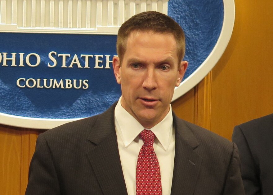 Rep. Jim Butler (R-Oakwood) speaks to reporters at a press conference in 2017.