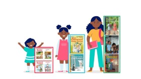 a cartoon picture of black female students next to curriculum materials from Benchmark Advances