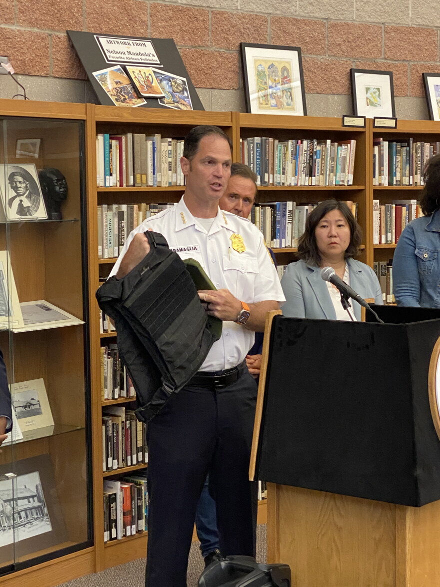 Buffalo Police Commissioner Joseph Gramaglia shows off the type of body armor used in the Tops shooting on May 14th 2022