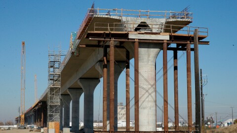 This Dec. 6, 2017, file photo shows one of the elevated sections of the high-speed rail under construction in Fresno, Calif.