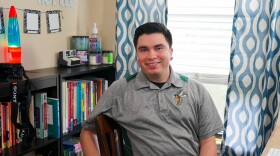 Christopher Terrazas, 24, set up a virtual classroom in his family's game room for his daily video lesson with his 6th grade students.