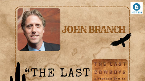 A graphic features a picture of a man with blond hair standing in front of red rocks, and the cover of "The Last Cowboys" by John Branch. 