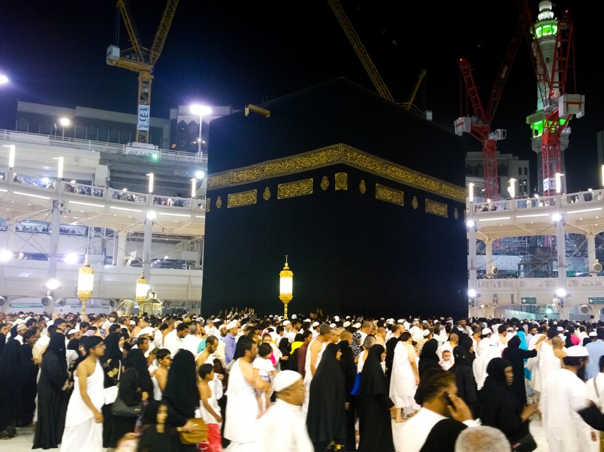 Muslims circle the Kaaba, located in the Great Mosque in Mecca, Saudi Arabia, as part of their Islamic pilgrimage.