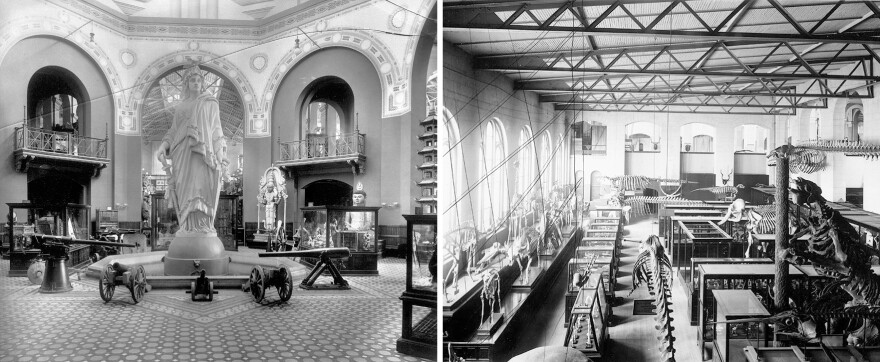 (Left) The original plaster model of Thomas Crawford's <em>Statue of Freedom,</em> which sits atop the dome of the U.S. Capitol, was displayed in the Arts and Industries Building's rotunda for several decades beginning in 1890. (Right) A view of the building's Paleontology and Comparative Anatomy Exhibit from the 1880s shows the skeletons of mammals, marine mammals and a giant sloth.