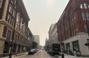Downtown Grand Rapids street view with hazy sky