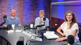 Our panel: Chris Maza, executive editor of Reminder Publishing; Bridgette Davis, assistant professor of public policy at UMass Amherst; news reporter Phil Bishop (not pictured); and making his debut on the panel, Jordan Wolman, a senior reporter at CommonWealth Beacon (not pictured).