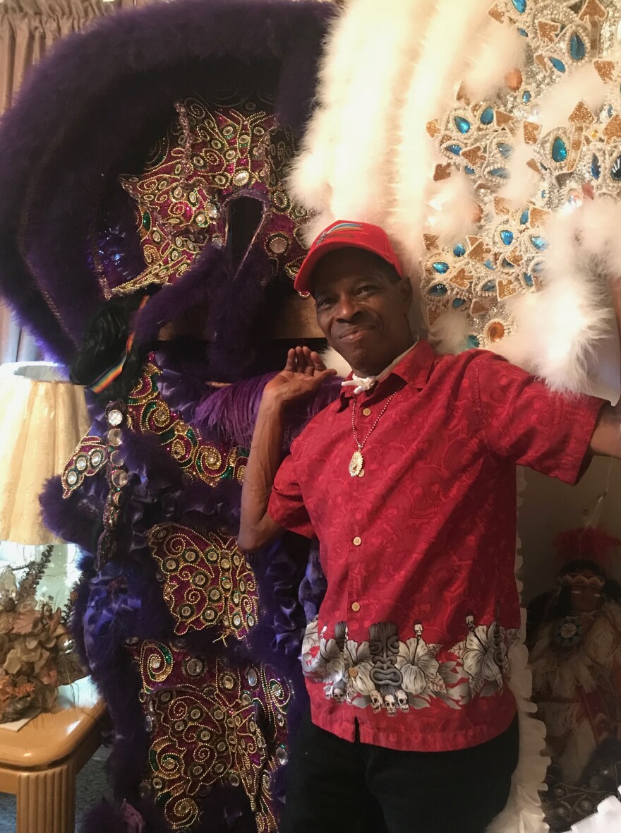 Big Chief Lil Charles Taylor of the White Cloud Hunters at his home in New Orleans. Taylor gives classes at the nearby Ellis Marsalis Center for Music, teaching children to sew in the tradition.