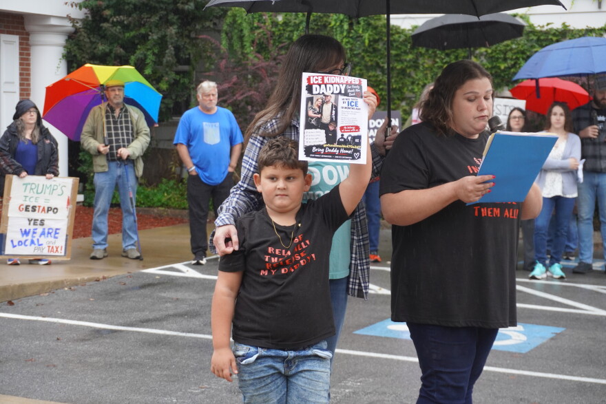 Charlotte Moyal (right) said she traveled four hours to come to Tuesday's vote on whether to extend the Moshannon Valley Processing Center contract with ICE. Moyal said her husband is being held there, and that her son has since had to get counseling. 