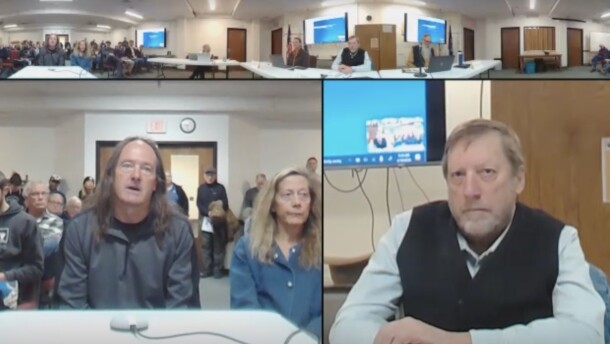 Park County Commissioner Mike Story listens to comments from residents Mary Sue Brenner and Darrell Jensen at the February 10 Park County commissioner meeting.