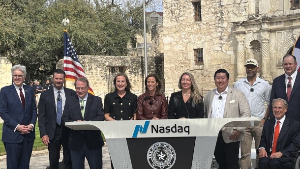 from L-R, Texas Lieutenant Governor Dan Patrick, Executive Chairman of Construction Partners Inc. Ned Fleming, Huntington Bank CEO Stephen Steinour, J.B Hunt CEO Shelley Simpson, Nasdaq Chair and CEO Adena Friedman, Head of Nasdaq Texas Rachel Racz, Firefly Aerospace CEO Jason Kim, ProFrac Services Executive Chairman Matt Wilkes, APA Corporation CEO John J. Christmann, and Texas Governor Greg Abbott 