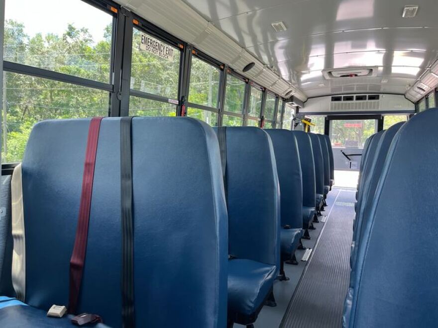 Empty bus seats on Pamela Johnson's bus.