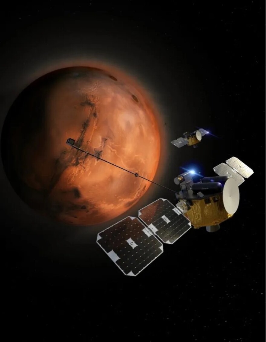 Illustration of the ESCAPADE spacecraft in orbit around Mars.