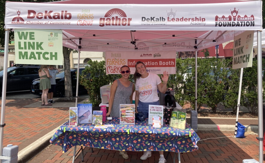 Virginia Jimenez and Anna Wilson with the DeKalb Chamber of Commerce at the July 16th extended market.