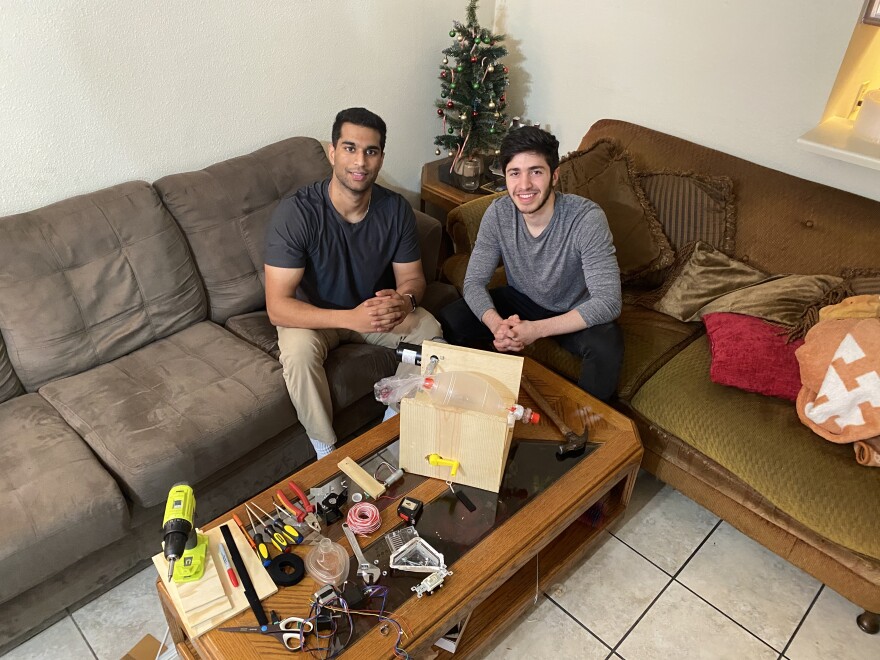 Roommates Raghave Upadhyaya and Adam Saleh with their emergency ventilator design.