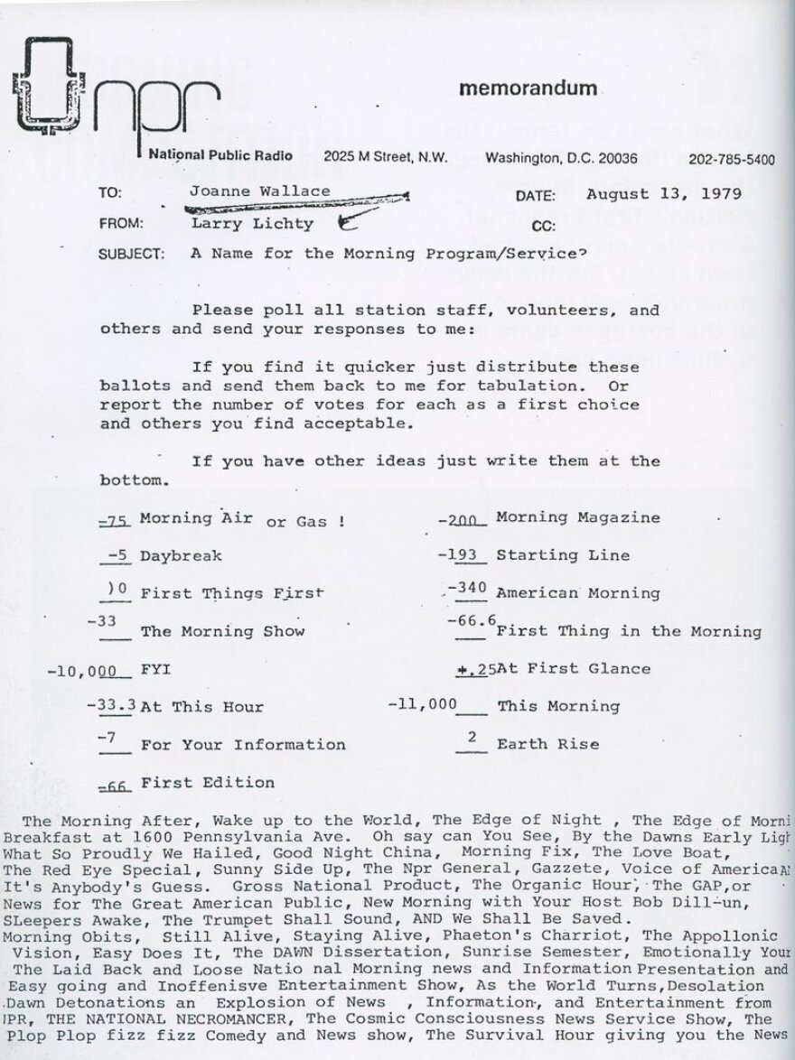 Memo from Larry Lichty, former NPR director of audience research and evaluation, seeking name suggestions for a new morning news program.