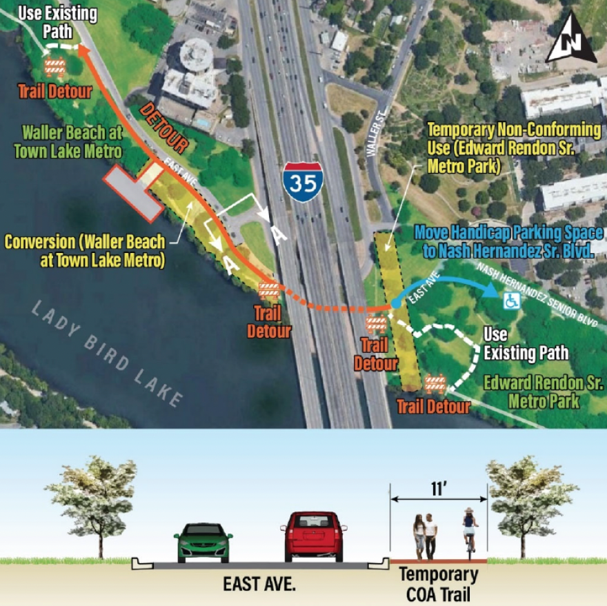 An overhead image showing the trail detour under the I-35 bridge. Underneath is a cross-section showing how the temporary city of Austin trail would be off-street and be 11 feet wide. 