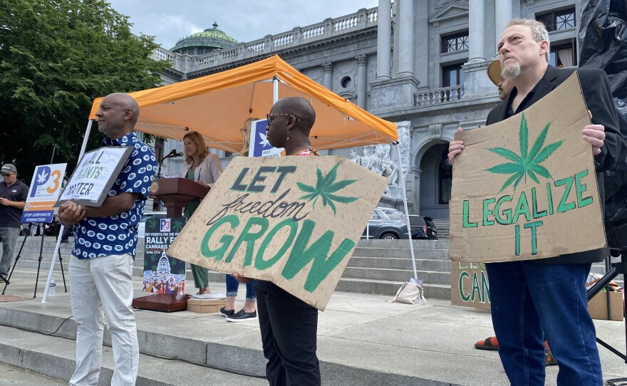 Supporters of legalizing cannabis for adult-use rally outside the state Capitol in Harrisburg on June 27, 2023.