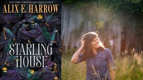 Left, the cover for the book "Starling House" includes illustration of several starling birds, some holding keys; Right, photo of the author in a sunlit prairie.