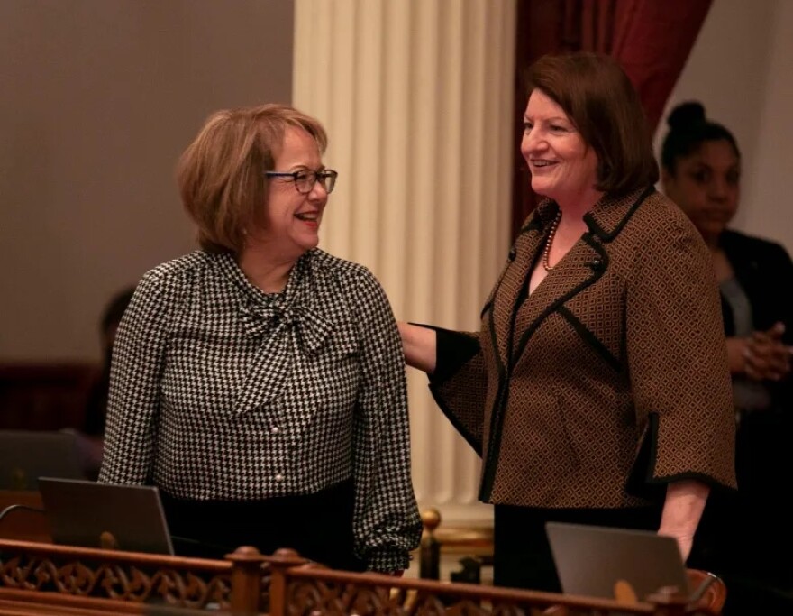 Sen. Maria Elena Durazo, left, and Senate President Pro Tem Toni Atkins on the Senate floor on the first day of the 2020 legislative session.