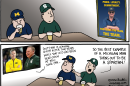 In the top panel, two cartoon men sit at a bar, one wearing a Michigan "M" cap and shirt drinking a beer, the other wearing a Michigan State "S" cap and shirt staring at his beer. To the right hangs a framed photo of a smiling man in sunglasses and a Michigan cap with crossed arms, captioned "Pride. Loyalty. Commitment. The Team. The Team. The Team." In the bottom panel, a TV/photo insert shows real-life basketball coaches Dusty May (in Michigan gear) and Tom Izzo (in Michigan State gear) side by side, with text reading: "Dusty May is leaving U of M after two years while Tom Izzo has been head coach at MSU since 1995…" The Michigan-capped cartoon man looks deflated while the Michigan State-capped man pats him on the shoulder, saying, "So the best example of a Michigan Man turns out to be a Spartan!"