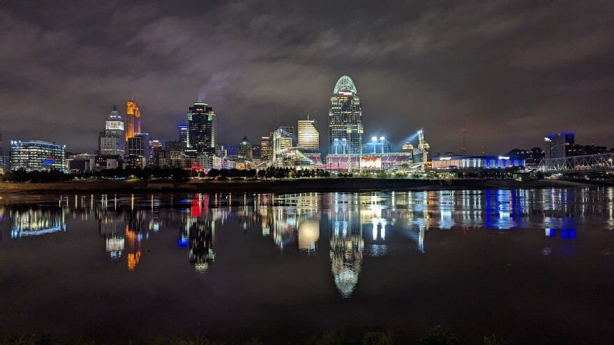 The Cincinnati skyline shines brightly on the morning of August 1, 2022.