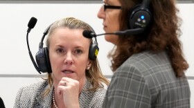 Assistant Public Defenders Melisa McNeill, left, and Tamara Curtis participate in a sidebar discussion via headset during the penalty trial of Marjory Stoneman Douglas High School shooter at the Broward County Courthouse on Tuesday, August 30, 2022. 