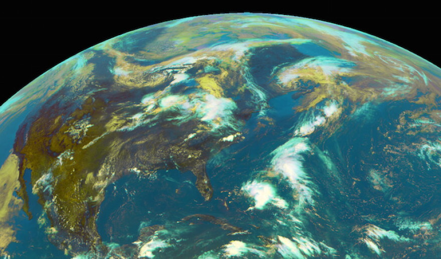 A portion of a GOES-EAST composite satellite image in visible and infrared light, centered on the U.S. East Coast.
