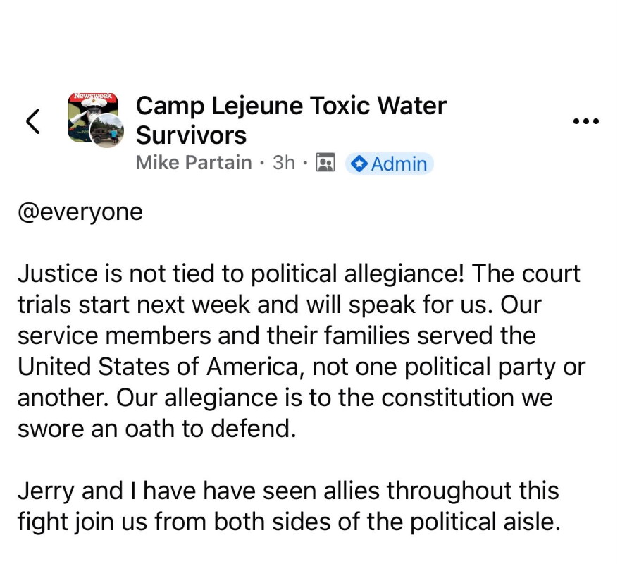 Partain, a male breast cancer survivor who was born at Camp Lejeune, has spent decades advocating alongside Ensminger, whose daughter died of leukemia after exposure to contaminated water at the base. Both have pushed the federal government to take responsibility for the contamination.