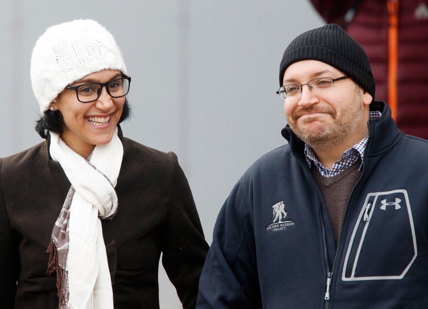 U.S. journalist Jason Rezaian appeared with his wife, Yeganeh Salehi, at Germany's Landstuhl Regional Medical Center after being released from an Iranian prison in January.