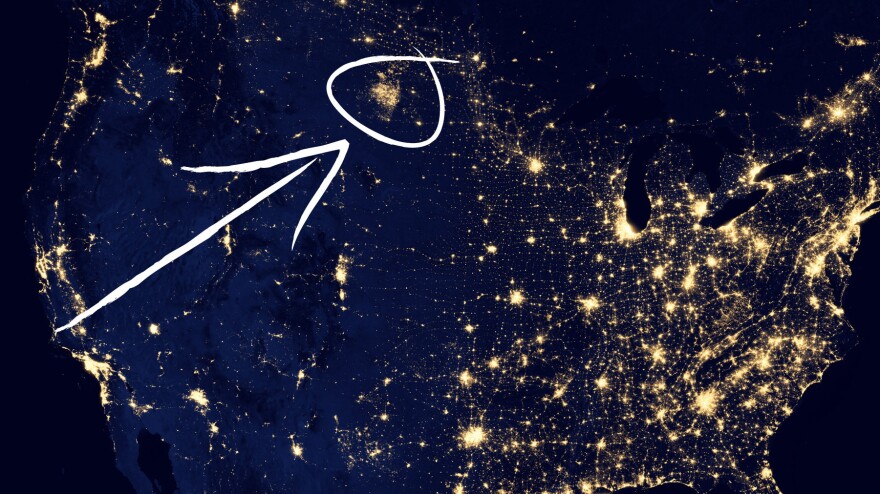 A drilling area in North Dakota can be seen in this nighttime image of the United States.