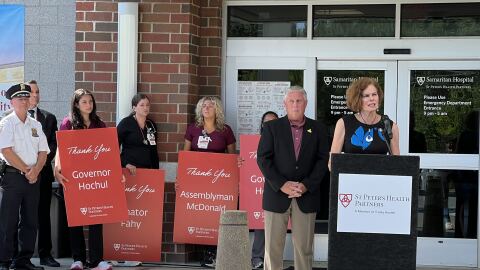 New York State Sen. Pat Fahy, D-Albany, speaks at a press conference outside Samaritan Hospital in Troy on Friday, Aug. 14, 2026. New York State Assemblyman John McDonald, D-Cohoes, stands at left.