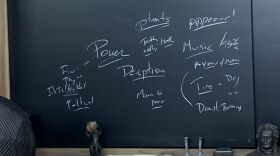 Unredacted photo of a blackboard located on Little St. James formerly owned by Jeffrey Epstein is pictured in an image obtained from the Virgin Islands Department of Justice. A redacted photo was previously released in December 2025 by the House Oversight Committee.