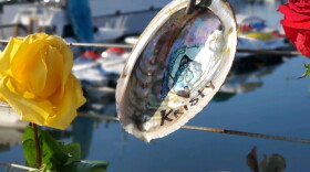 An abalone shell bearing Kristy Finstad's name circa 2019. Finstad was one of 34 passengers who were killed from the fire on the Conception that year — one of the worst maritime disasters in California history. The captain, Jerry Boylan, was found guilty of "seaman's manslaughter" on Nov. 6, 2023.