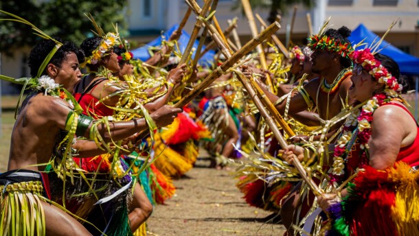 Members of the UOG Yap Student Organization perform a traditional dance during the 57th Charter Day Celebration on March 6, 2025, at the University of Guam. The performance, rooted in cultural traditions passed down through generations, featured brightly colored attire, rhythmic chants, and the clacking of bamboo sticks.