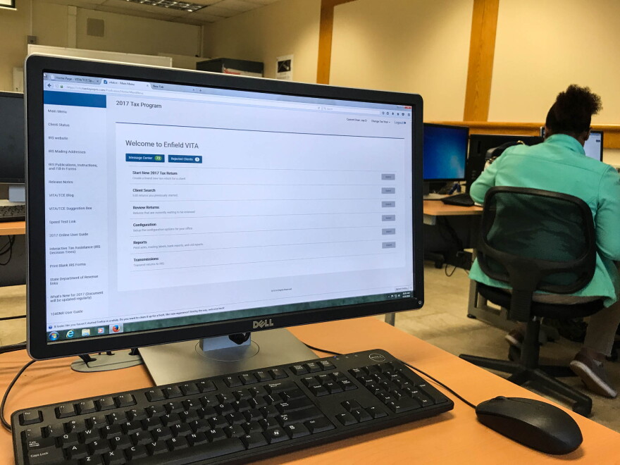This computer features a professional tax software called TaxSlayer. Volunteer income tax preparers at Enfield's Asnuntuck Community College use it to file returns for customers.
