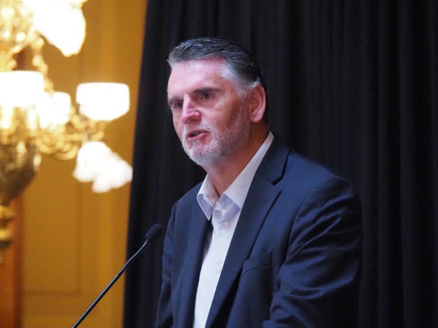 Indiana Treasurer Daniel Elliott, a Republican, speaks at a Statehouse rally on Thursday, June 11, 2026.