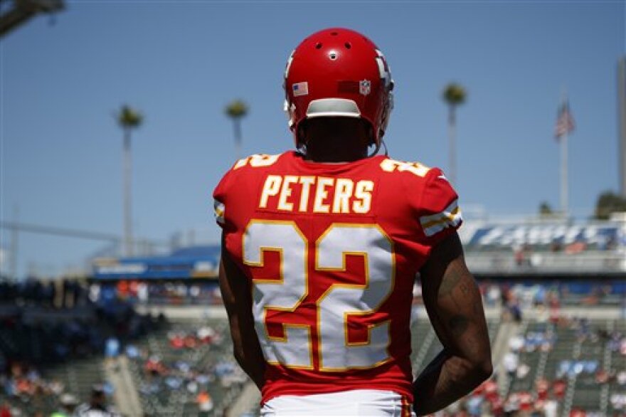 FILE—Kansas City Chiefs cornerback Marcus Peters (22) warms up prior to an NFL football game against the Los Angeles Chargers, Sunday, Sept. 24, 2017, in Carson, Calif. The Chiefs defeated the Chargers, 24-10. (Ryan Kang via AP)