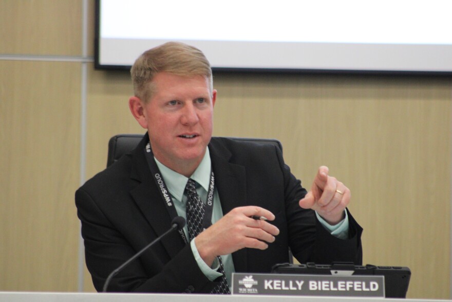 Wichita Superintendent Kelly Bielefeld speaks during the school board meeting on Monday. He says the district is not abandoning the concept of neighborhood schools.